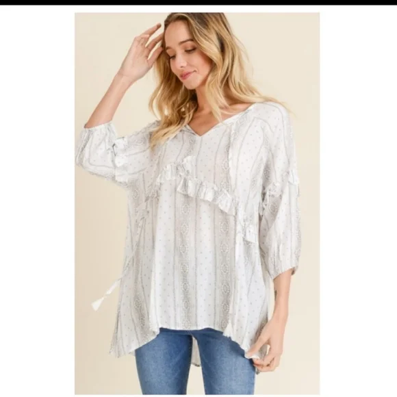 🔥$5🔥BOHO PRINTED TUNIC W/RUFFLES-HIGH/LOW HEM - Picture 4 of 6